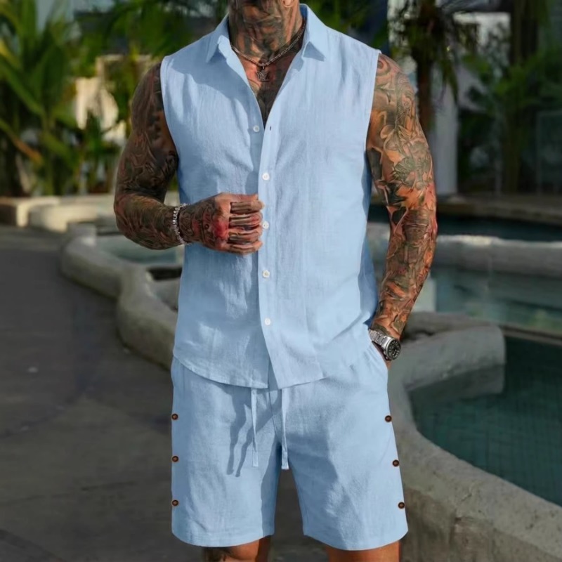 Men's 2 Piece Linen Textured S - Short Linen Drawstring 评论和价格