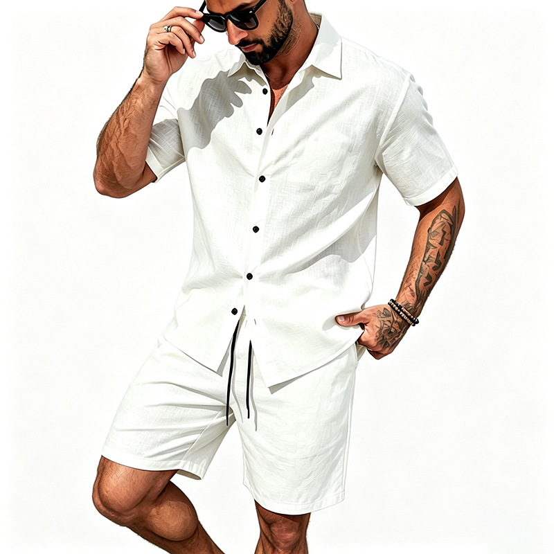 Men Linen Two Piece Outfit Sho - Linen Shirt Breathable 评论和价格