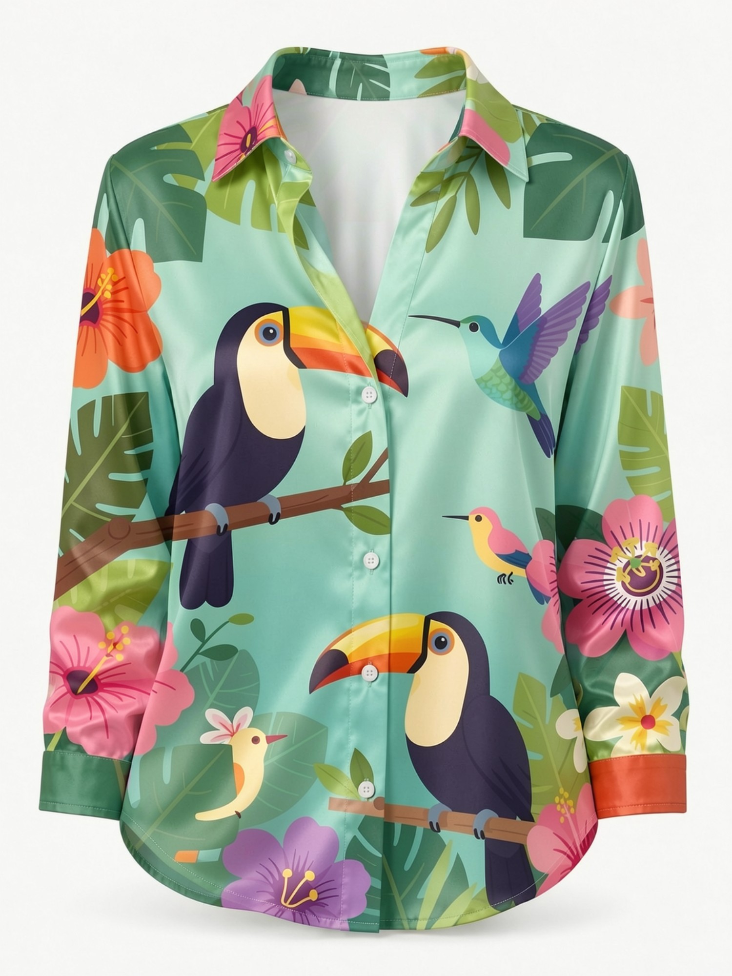 Mint Toucan Satin Button Shirt - Resort Shirt Floral 评论和价格