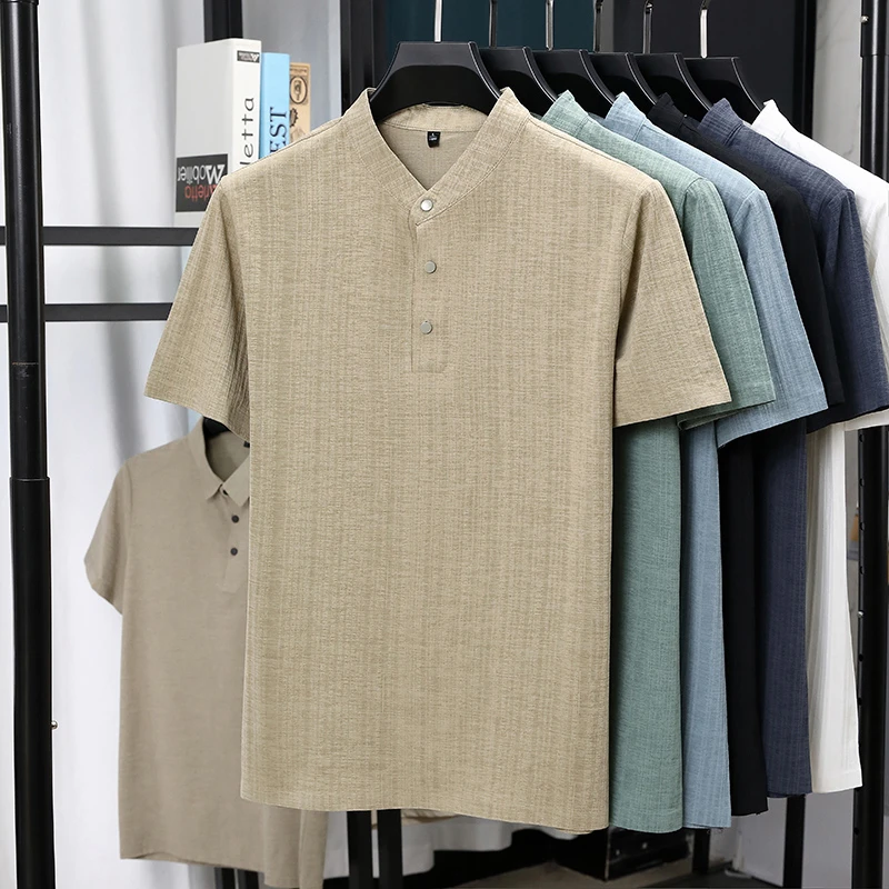 Mens Mandarin Collar Half Plac - Linen Shirt Breathable 评论和价格