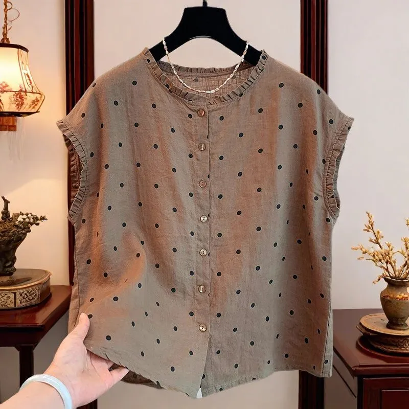 Women's Retro Polka Dot Linen  - Shirt Camp Collar 评论和价格