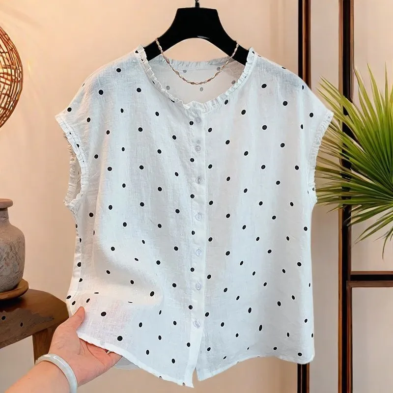 Women's Retro Polka Dot Linen  - Shirt Camp Collar 评论和价格