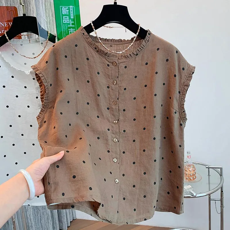 Women's Retro Polka Dot Linen  - Shirt Camp Collar 评论和价格