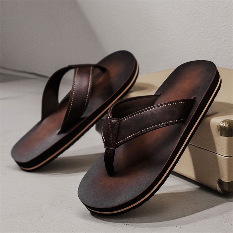 Men's Vintage Washed Faux Leat - Flip Flop Leather Men 评论和价格