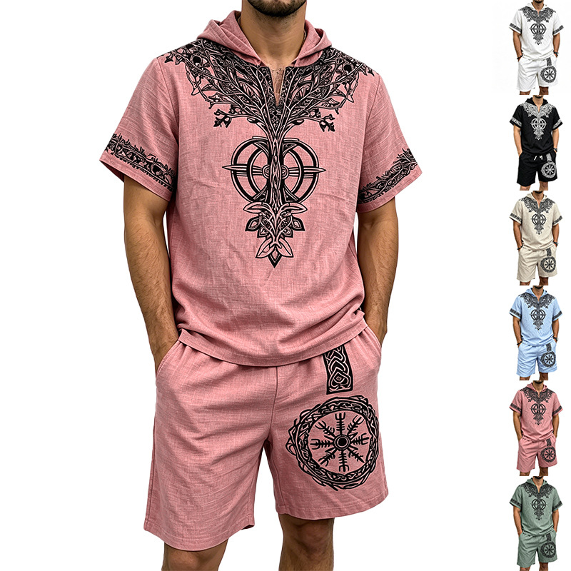 Men Linen Look Viking Tree Pri - Short Linen Drawstring 评论和价格