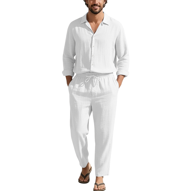 Spring Summer Linen Casual Set - Linen Shirt Breathable 评论和价格